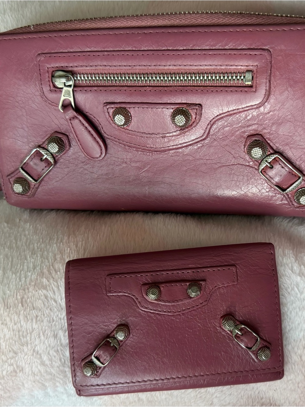 Balenciaga Paris Leather Wallet and Key Case Set Mauve Pink